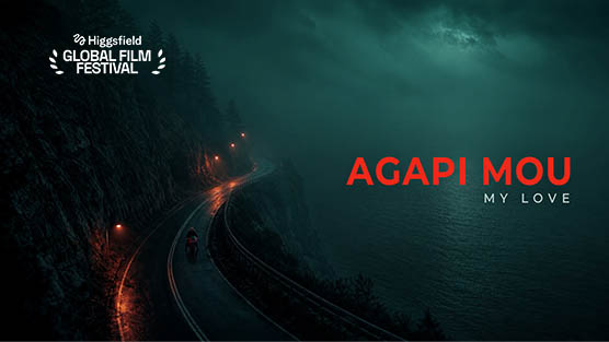 Still from AI short film Agapi Mou — Eleni on the futuristic bike next to cliffs.